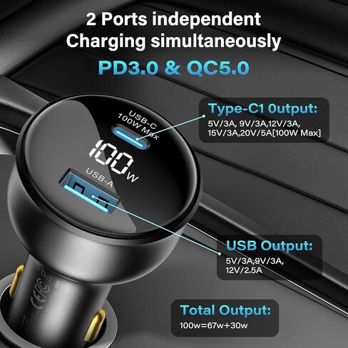100W USB C Car Charger with Display, PD3.0+QC Type C Car Charger Adapter with 100W USB C Cable, Fast Charging for Laptops, MacBook Pro, iPad, iPhone 15/14/Pro Max, Galaxy S24/S23 Ultra Etc. in Saudi Arabia