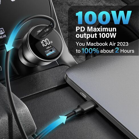 100W USB C Car Charger with Display, PD3.0+QC Type C Car Charger Adapter with 100W USB C Cable, Fast Charging for Laptops, MacBook Pro, iPad, iPhone 15/14/Pro Max, Galaxy S24/S23 Ultra Etc. in Saudi Arabia