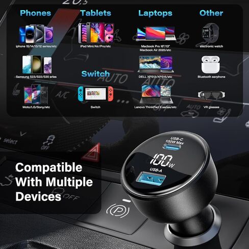 100W USB C Car Charger with Display, PD3.0+QC Type C Car Charger Adapter with 100W USB C Cable, Fast Charging for Laptops, MacBook Pro, iPad, iPhone 15/14/Pro Max, Galaxy S24/S23 Ultra Etc. in Saudi Arabia