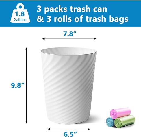 Bathroom Trash Can, 3 Pack 1.8 Gallons Small Trash Can with Trash Bags, Bathroom Garbage Can, Plastic Trash Bin, Round Waste Basket for Bathroom, Bedroom, Office, Kitchen, Room, Compact Space (White) in Saudi Arabia