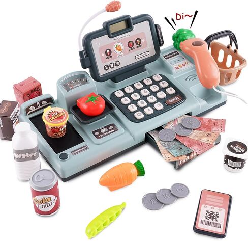 Cash Register for Kids Role Play Shopping Cashier Playset with Sound Scanner Food Shopping Basket Play Money Credit Card Gift for Boys Girls 3 4 5 6 7 8 Years in Saudi Arabia