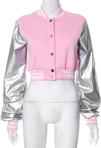 جاكيت اسكواش للنساء من Xaspee جاكيت قصير للبيسبول فضي من الجلد الصناعي بأكمام مطرزة من الخلف ليترمان جاكيت منفوخ in Kuwait