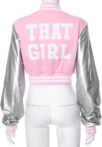 جاكيت اسكواش للنساء من Xaspee جاكيت قصير للبيسبول فضي من الجلد الصناعي بأكمام مطرزة من الخلف ليترمان جاكيت منفوخ in Kuwait