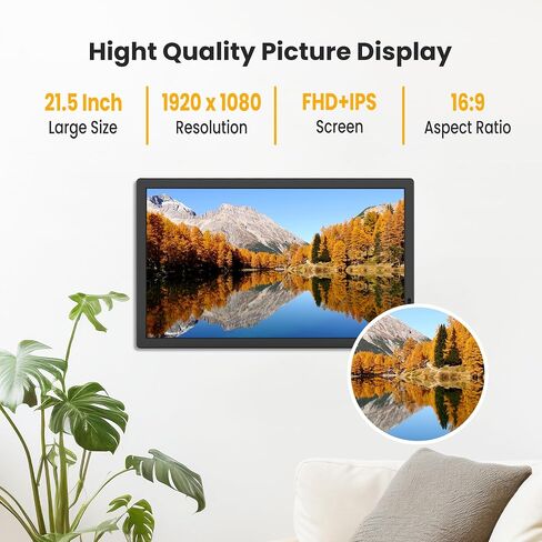 FANGOR إطار صور رقمي كبير مقاس 21.5 بوصة، إطار صور رقمي WiFi 1920 * 1080 FHD IPS مع جهاز تحكم عن بعد، إطار ذكي بتدوير تلقائي سعة 32 جيجابايت مثبت على الحائط، مشاركة الصور/مقاطع الفيديو عبر تطبيق Uhale/USB/SD in Kuwait