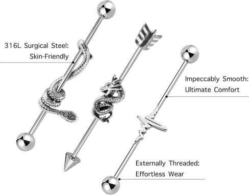 16G 2PCs 3PCs Industrial Piercing Jewelry Surgical Steel, Industrial Bar Piercing, Snake Dragon Heartbeat Industrial Piercing Kit for Women and Men in Saudi Arabia