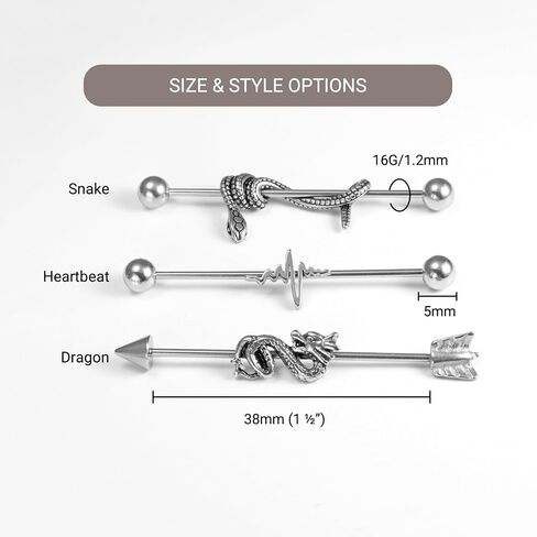 16G 2PCs 3PCs Industrial Piercing Jewelry Surgical Steel, Industrial Bar Piercing, Snake Dragon Heartbeat Industrial Piercing Kit for Women and Men in Saudi Arabia
