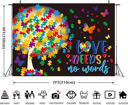 خلفية الوعي بالتوحد، لون الفراشة، لغز شجرة الضوء، الحب لا يحتاج إلى كلمات، خلفية التصوير الفوتوغرافي، شهر التوحد، أبريل، قبول فهم ديكور الحب، 7x5FT in Kuwait