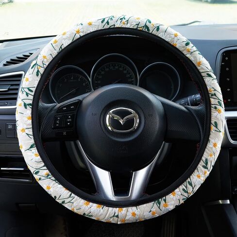 غطاء عجلة القيادة مطرز باللون الأسود لطيف ومضاد للانزلاق وجيد التهوية، إكسسوارات سيارة زهرية للنساء، مقاس عالمي يناسب معظم السيارات - 15 بوصة in Kuwait