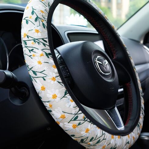 غطاء عجلة القيادة مطرز باللون الأسود لطيف ومضاد للانزلاق وجيد التهوية، إكسسوارات سيارة زهرية للنساء، مقاس عالمي يناسب معظم السيارات - 15 بوصة in Kuwait