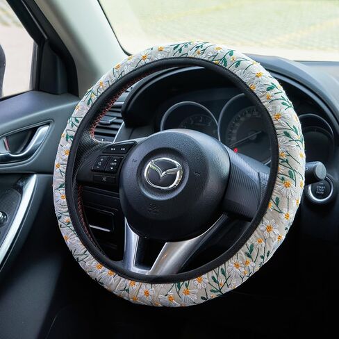 غطاء عجلة القيادة مطرز باللون الأسود لطيف ومضاد للانزلاق وجيد التهوية، إكسسوارات سيارة زهرية للنساء، مقاس عالمي يناسب معظم السيارات - 15 بوصة in Kuwait
