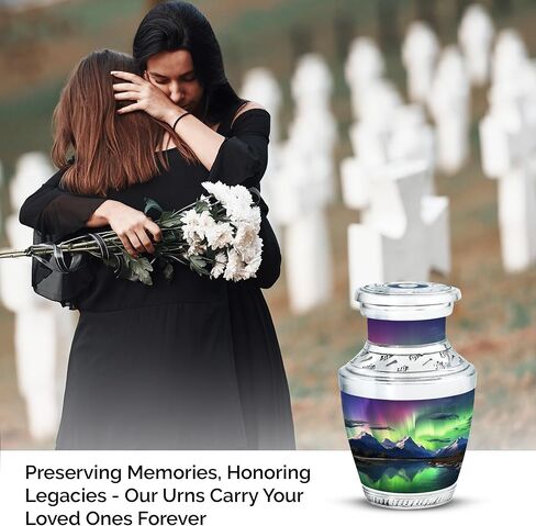 Aurora Borealis Over Nountains and River in Front - Memorial Keepsake urns - Urn Adult Human Ashes - 3 Inch - Pack of 1 - Cremation Burial urns - Urn for Ashes for Men - Urns for dad - Mini Urn in Saudi Arabia
