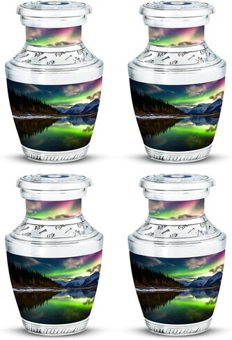 Aurora Borealis Over Nountains and River in Front - Memorial Keepsake urns - Urn Adult Human Ashes - 3 Inch - Pack of 1 - Cremation Burial urns - Urn for Ashes for Men - Urns for dad - Mini Urn in Saudi Arabia