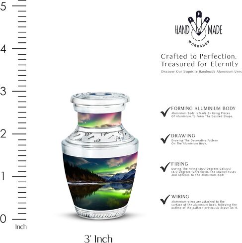 Aurora Borealis Over Nountains and River in Front - Memorial Keepsake urns - Urn Adult Human Ashes - 3 Inch - Pack of 1 - Cremation Burial urns - Urn for Ashes for Men - Urns for dad - Mini Urn in Saudi Arabia