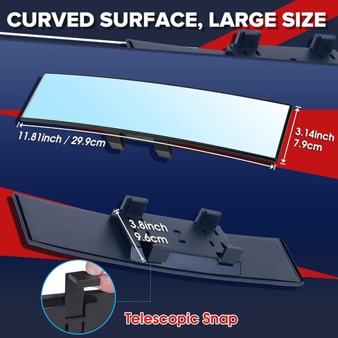 مرآة رؤية خلفية كبيرة داخلية للسيارة، مرآة رؤية خلفية عالمية للسيارة، مشبك داخلي عالمي على الرؤية الخلفية البانورامية، تقلل البقع العمياء بشكل فعال لشاحنات سيارات الدفع الرباعي - شفافة in Kuwait
