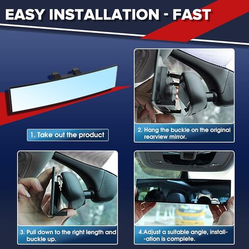 مرآة رؤية خلفية كبيرة داخلية للسيارة، مرآة رؤية خلفية عالمية للسيارة، مشبك داخلي عالمي على الرؤية الخلفية البانورامية، تقلل البقع العمياء بشكل فعال لشاحنات سيارات الدفع الرباعي - شفافة in Kuwait