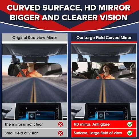 مرآة رؤية خلفية كبيرة داخلية للسيارة، مرآة رؤية خلفية عالمية للسيارة، مشبك داخلي عالمي على الرؤية الخلفية البانورامية، تقلل البقع العمياء بشكل فعال لشاحنات سيارات الدفع الرباعي - شفافة in Kuwait