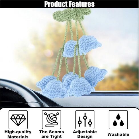 Car Mirror Hanging Accessories, Cute Crochet Suzuran Car Rearview Mirror Charm, Handmade Knitting, Fit for Backpack, Keychain (White) in Saudi Arabia