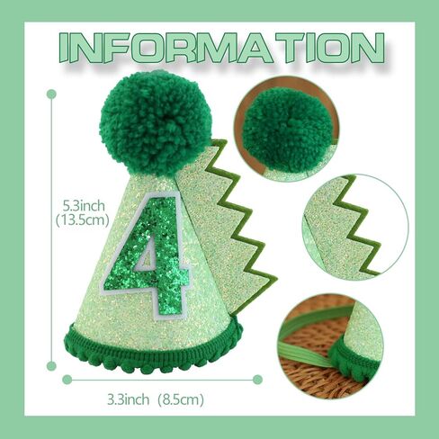 قبعة عيد ميلاد الديناصور باللون الأخضر لعمر 4 سنوات، زينة قبعة عيد ميلاد للأطفال البنات والأولاد مصنوعة يدويًا من الزي الطبيعي قبعة حفلات عيد الميلاد الأولى in Kuwait