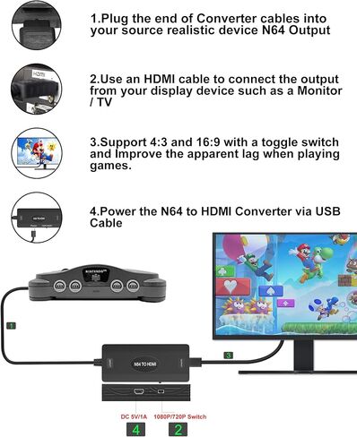 محول WUKUR N64 إلى HDMI يدعم التحويل 16:9/4:3 متوافق مع محول Nintendo 64/ Game Cube/SNES Gamecube HDMI in Kuwait