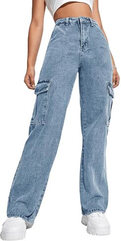 Haloumoning Girls Jeans Denim Elastic High Waisted Wide Leg Baggy Cargo Pants with Pockets 5-14 Years in Kuwait