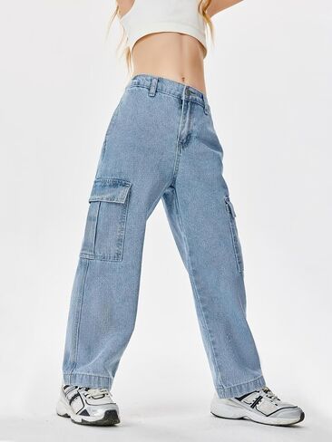 Haloumoning Girls Jeans Denim Elastic High Waisted Wide Leg Baggy Cargo Pants with Pockets 5-14 Years in Kuwait
