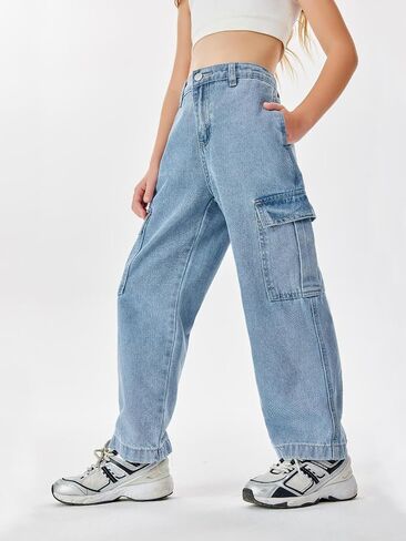 Haloumoning Girls Jeans Denim Elastic High Waisted Wide Leg Baggy Cargo Pants with Pockets 5-14 Years in Kuwait