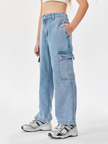 Haloumoning Girls Jeans Denim Elastic High Waisted Wide Leg Baggy Cargo Pants with Pockets 5-14 Years in Kuwait