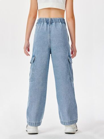 Haloumoning Girls Jeans Denim Elastic High Waisted Wide Leg Baggy Cargo Pants with Pockets 5-14 Years in Kuwait