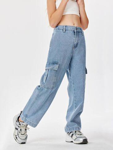 Haloumoning Girls Jeans Denim Elastic High Waisted Wide Leg Baggy Cargo Pants with Pockets 5-14 Years in Kuwait