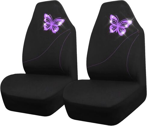 أغطية مقاعد السيارة CAR-GRAND Bling Butterfly، أغطية مقاعد أمامية على شكل فراشة أرجوانية لطيفة، متوافقة مع الوسائد الهوائية، سيارات السيدان والسيارات والشاحنات الصغيرة، مناسبة للنساء والفتيات (أرجواني مع أسود) in Kuwait