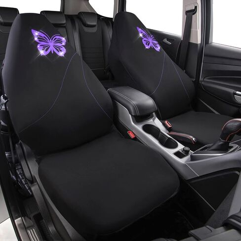 أغطية مقاعد السيارة CAR-GRAND Bling Butterfly، أغطية مقاعد أمامية على شكل فراشة أرجوانية لطيفة، متوافقة مع الوسائد الهوائية، سيارات السيدان والسيارات والشاحنات الصغيرة، مناسبة للنساء والفتيات (أرجواني مع أسود) in Kuwait