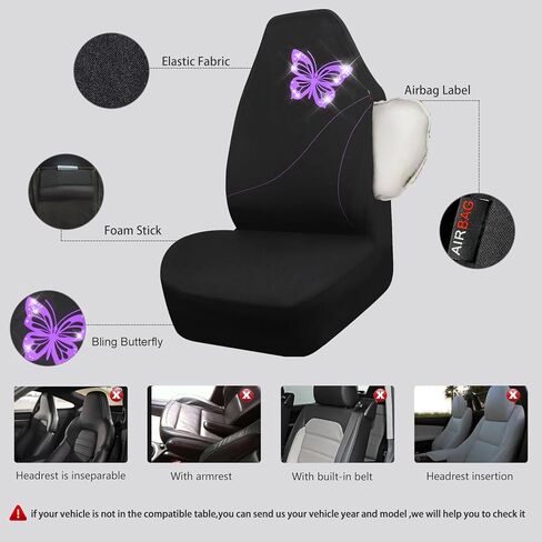 أغطية مقاعد السيارة CAR-GRAND Bling Butterfly، أغطية مقاعد أمامية على شكل فراشة أرجوانية لطيفة، متوافقة مع الوسائد الهوائية، سيارات السيدان والسيارات والشاحنات الصغيرة، مناسبة للنساء والفتيات (أرجواني مع أسود) in Kuwait