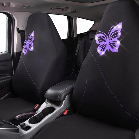 أغطية مقاعد السيارة CAR-GRAND Bling Butterfly، أغطية مقاعد أمامية على شكل فراشة أرجوانية لطيفة، متوافقة مع الوسائد الهوائية، سيارات السيدان والسيارات والشاحنات الصغيرة، مناسبة للنساء والفتيات (أرجواني مع أسود) in Kuwait