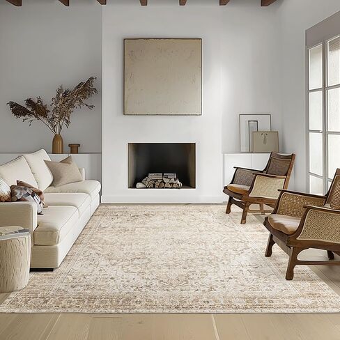 Boho Farmhouse Bedroom Rug 6x9 Washable Easy Clean Stain Resistant Vintage Country Rustic Neutral Earth Tone Area Rug for Dining Room Under Table, Light Tan Brown Beige with Rust Terracotta Pattern in Saudi Arabia