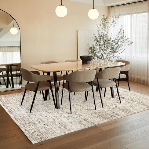 Boho Farmhouse Bedroom Rug 6x9 Washable Easy Clean Stain Resistant Vintage Country Rustic Neutral Earth Tone Area Rug for Dining Room Under Table, Light Tan Brown Beige with Rust Terracotta Pattern in Saudi Arabia