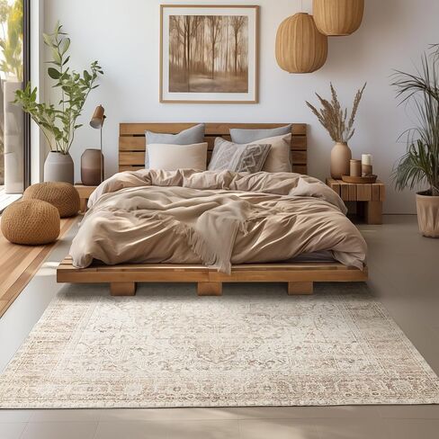Boho Farmhouse Bedroom Rug 6x9 Washable Easy Clean Stain Resistant Vintage Country Rustic Neutral Earth Tone Area Rug for Dining Room Under Table, Light Tan Brown Beige with Rust Terracotta Pattern in Saudi Arabia