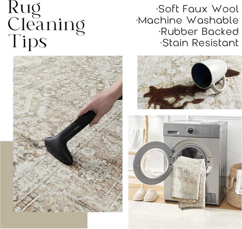 Boho Farmhouse Bedroom Rug 6x9 Washable Easy Clean Stain Resistant Vintage Country Rustic Neutral Earth Tone Area Rug for Dining Room Under Table, Light Tan Brown Beige with Rust Terracotta Pattern in Saudi Arabia