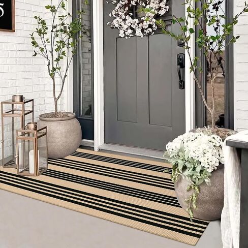 Black and White Striped Outdoor Rug 24"x35", Cotton Hand-Woven Foldable Front Door Mat, Washable Reversible Layered Door Mats for Entryway Porch Decor Home Entrance in Saudi Arabia