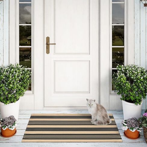 Black and White Striped Outdoor Rug 24"x35", Cotton Hand-Woven Foldable Front Door Mat, Washable Reversible Layered Door Mats for Entryway Porch Decor Home Entrance in Saudi Arabia