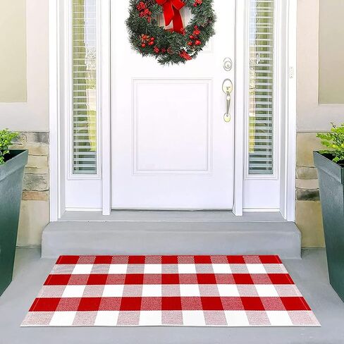 سجادة USTIDE قطنية منقوشة بافلو باللونين الأحمر والأبيض، مقاس 23.6 بوصة × 51 بوصة، سجاد داخلي أو خارجي منسوج يدويًا لسجاد الباب ذو الطبقات، سجادة قابلة للغسل للشرفة الأمامية/المطبخ/المزرعة/المدخل in Kuwait