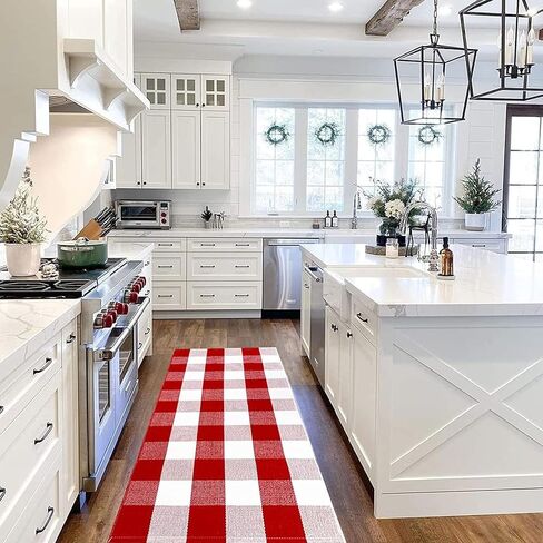 سجادة USTIDE قطنية منقوشة بافلو باللونين الأحمر والأبيض، مقاس 23.6 بوصة × 51 بوصة، سجاد داخلي أو خارجي منسوج يدويًا لسجاد الباب ذو الطبقات، سجادة قابلة للغسل للشرفة الأمامية/المطبخ/المزرعة/المدخل in Kuwait