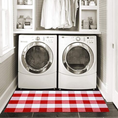 سجادة USTIDE قطنية منقوشة بافلو باللونين الأحمر والأبيض، مقاس 23.6 بوصة × 51 بوصة، سجاد داخلي أو خارجي منسوج يدويًا لسجاد الباب ذو الطبقات، سجادة قابلة للغسل للشرفة الأمامية/المطبخ/المزرعة/المدخل in Kuwait