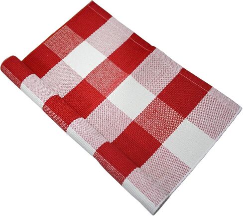 سجادة USTIDE قطنية منقوشة بافلو باللونين الأحمر والأبيض، مقاس 23.6 بوصة × 51 بوصة، سجاد داخلي أو خارجي منسوج يدويًا لسجاد الباب ذو الطبقات، سجادة قابلة للغسل للشرفة الأمامية/المطبخ/المزرعة/المدخل in Kuwait