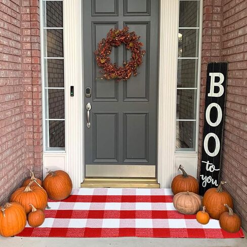 سجادة USTIDE قطنية منقوشة بافلو باللونين الأحمر والأبيض، مقاس 23.6 بوصة × 51 بوصة، سجاد داخلي أو خارجي منسوج يدويًا لسجاد الباب ذو الطبقات، سجادة قابلة للغسل للشرفة الأمامية/المطبخ/المزرعة/المدخل in Kuwait