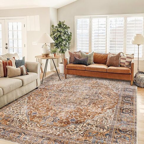 Boho Farmhouse Bedroom Rug 6x9 Washable Easy Clean Stain Resistant Vintage Country Rustic Neutral Earth Tone Area Rug for Dining Room Under Table, Light Tan Brown Beige with Rust Terracotta Pattern in Saudi Arabia
