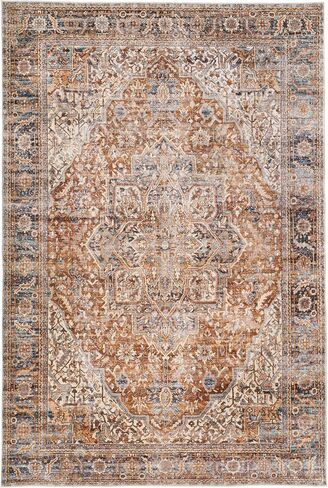 Boho Farmhouse Bedroom Rug 6x9 Washable Easy Clean Stain Resistant Vintage Country Rustic Neutral Earth Tone Area Rug for Dining Room Under Table, Light Tan Brown Beige with Rust Terracotta Pattern in Saudi Arabia
