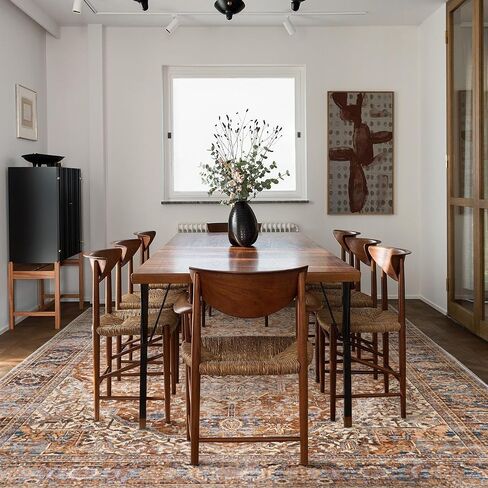 Boho Farmhouse Bedroom Rug 6x9 Washable Easy Clean Stain Resistant Vintage Country Rustic Neutral Earth Tone Area Rug for Dining Room Under Table, Light Tan Brown Beige with Rust Terracotta Pattern in Saudi Arabia