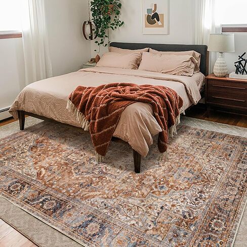 Boho Farmhouse Bedroom Rug 6x9 Washable Easy Clean Stain Resistant Vintage Country Rustic Neutral Earth Tone Area Rug for Dining Room Under Table, Light Tan Brown Beige with Rust Terracotta Pattern in Saudi Arabia