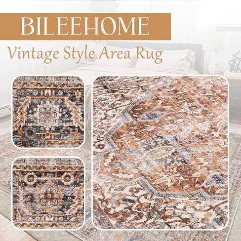 Boho Farmhouse Bedroom Rug 6x9 Washable Easy Clean Stain Resistant Vintage Country Rustic Neutral Earth Tone Area Rug for Dining Room Under Table, Light Tan Brown Beige with Rust Terracotta Pattern in Saudi Arabia