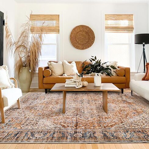 Boho Farmhouse Bedroom Rug 6x9 Washable Easy Clean Stain Resistant Vintage Country Rustic Neutral Earth Tone Area Rug for Dining Room Under Table, Light Tan Brown Beige with Rust Terracotta Pattern in Saudi Arabia